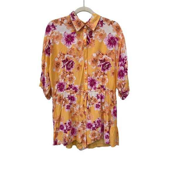 Emily Wonder Floral Romper Size Large Button Front 3/4 Sleeve Drawstring Boho - Picture 1 of 7